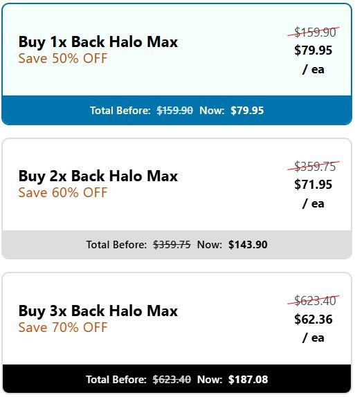 Back Halo Max checkout page showing product options, promotional discount, pricing, and available offers