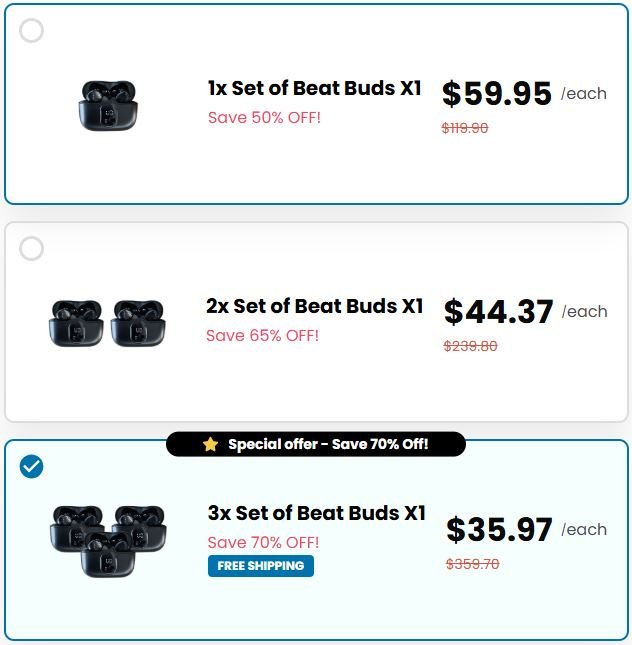 BeatBuds X1 checkout page showing wireless earbuds package options, bundle discounts, pricing, and available promotions
