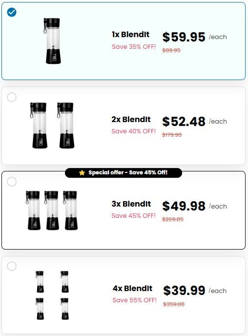 BlendIt Portable Blender package options showing quantity discounts, bundle pricing, special offers, and available purchase deals