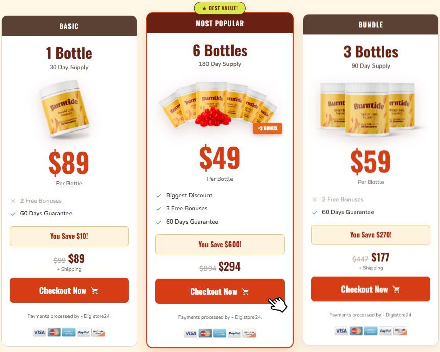 Burntide official checkout page showing bottle packages, discounts, pricing, and available offers