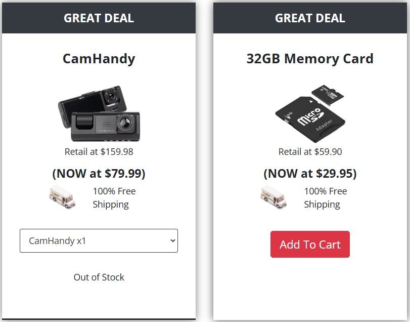 CamHandy dash camera package options available on the official website