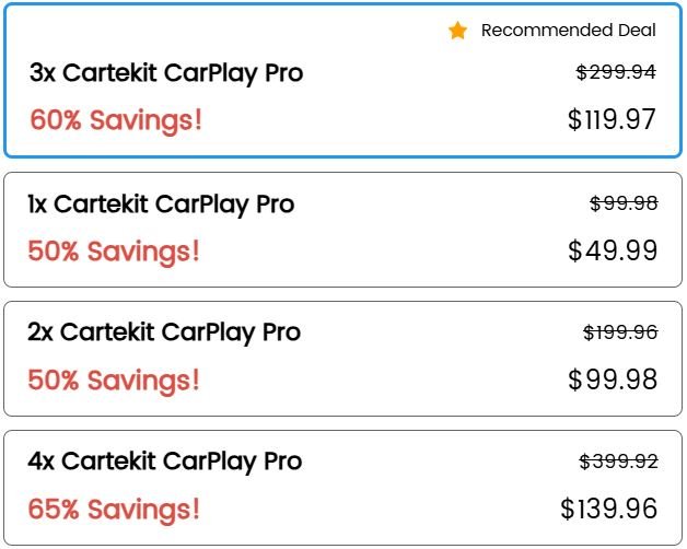 Cartekit CarPlay Pro official checkout page showing bundle options, discounts, pricing, and available offers
