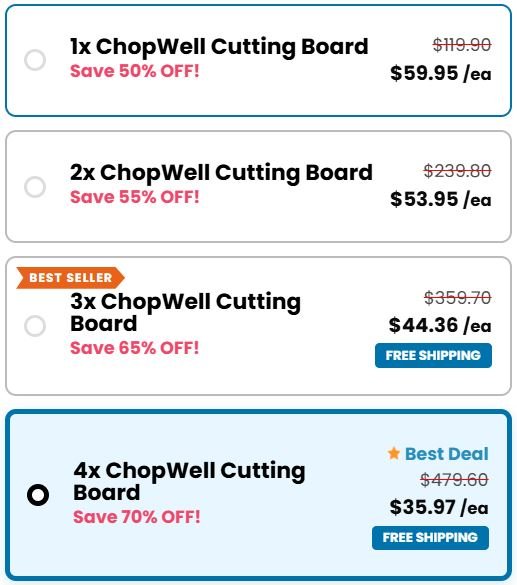 ChopWell Cutting Board checkout page showing package options, quantity discounts, bundle pricing, and available offers
