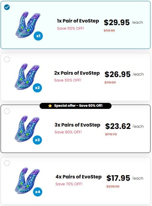 Evo Step Insoles official checkout page showing package options, bundle discounts, pricing, and available offers