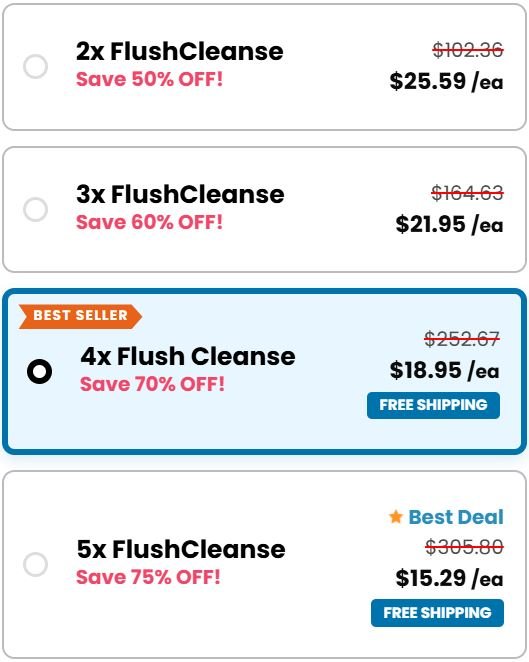 FlushCleanse official checkout page showing bundle options, discounts, pricing, and available offers