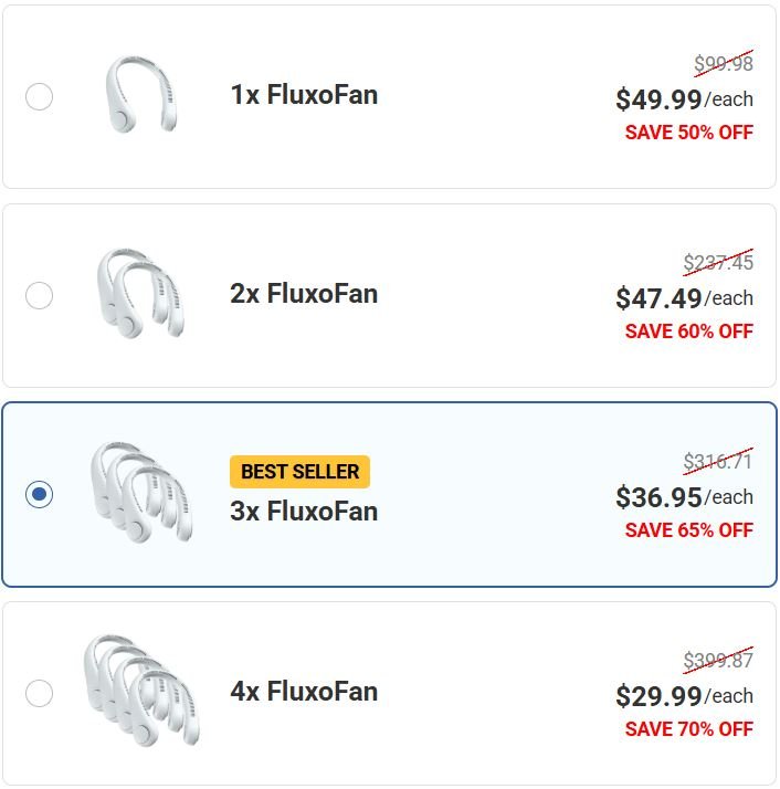 FluxoFan official checkout page showing bundle options, discounts, pricing, and available offers
