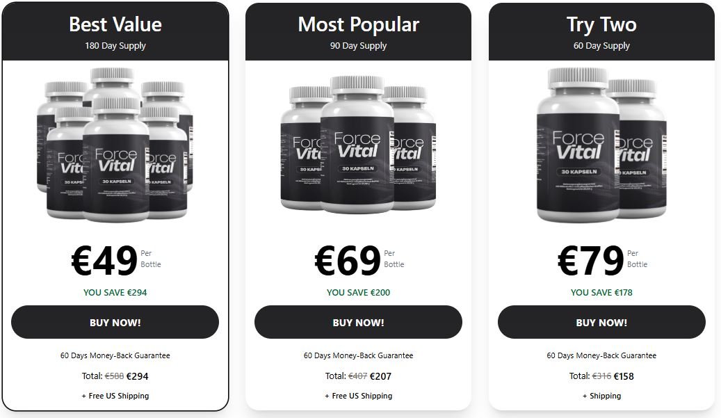 ForceVital official checkout page showing bottle packages, discounts, pricing, and available offers