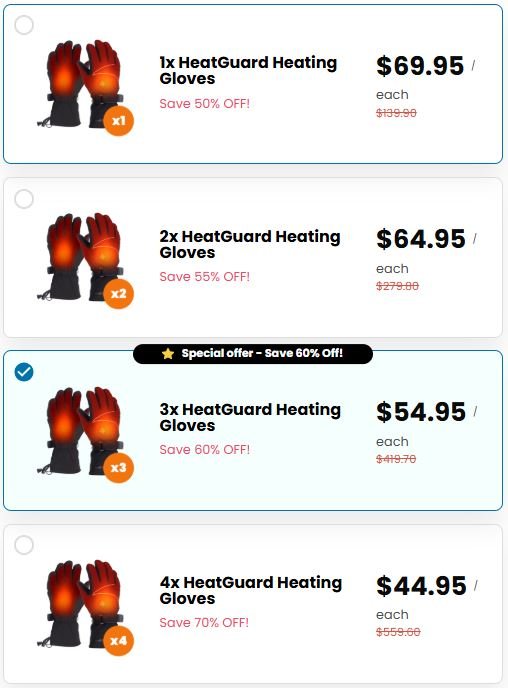 HeatGuard Gloves official checkout page showing bundle options, discounts, pricing, and available offers
