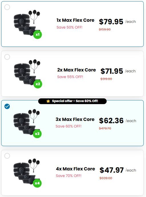Max Flex Core official checkout page showing bundle options, discounts, pricing, and available offers