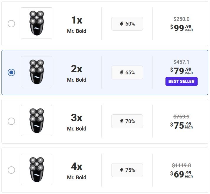 Mr. Bold official checkout page showing shaver bundle options, discounts, pricing, and available offers