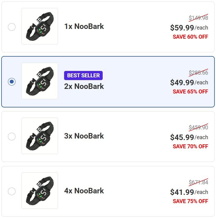 NooBark official checkout page showing multi-unit bundle options, discounts, pricing, and available offers