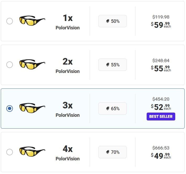 PolorVision official checkout page showing pairs packages, discounts, pricing, and available offers