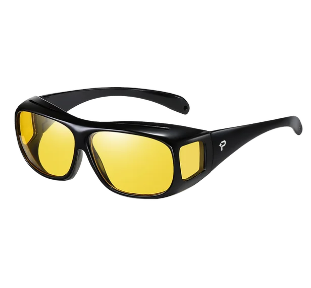 PolorVision HD polarized fit-over night driving glasses shown with protective case and anti-glare lens demonstration