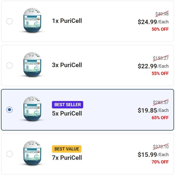 PuriCell Dust Trapper official checkout page showing bundle options, discounts, pricing, and available offers