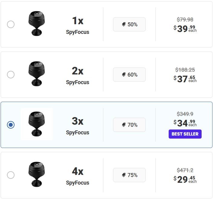 SpyFocus official checkout page showing camera bundle options, discounts, pricing, and available offers