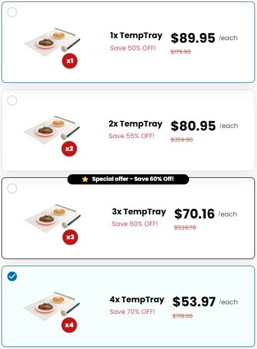 TempTray official checkout page showing bundle options, discounts, pricing, and available offers