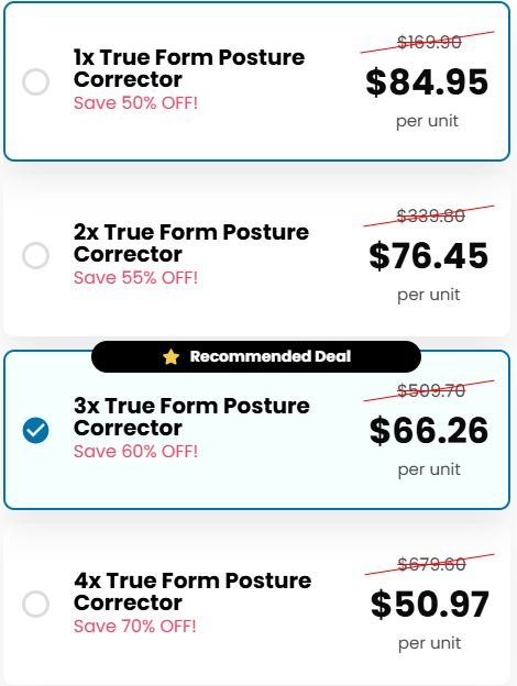TrueForm Posture Corrector official checkout page showing bundle options, discounts, pricing, and available offers